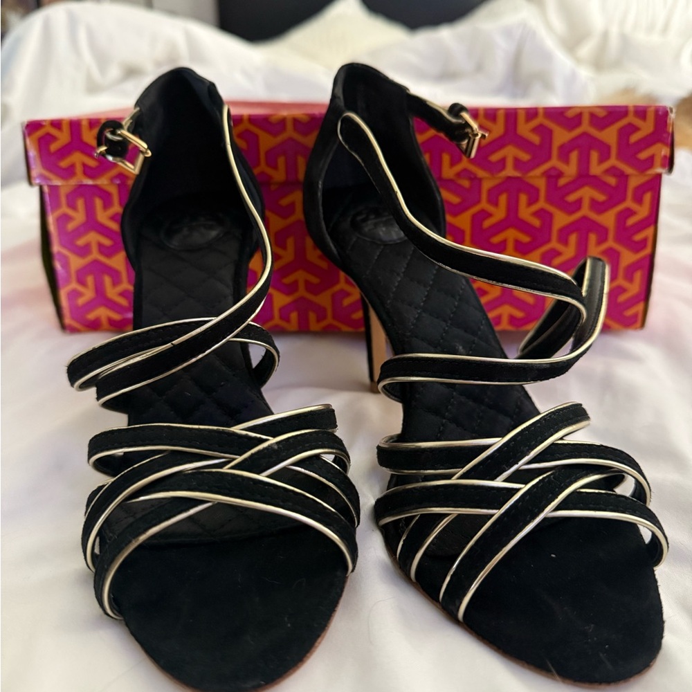 Tory Burch Black and Gold Strappy Sandals
